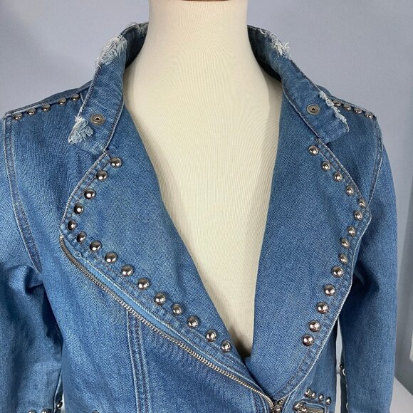 Fernanda Farah Snake Patch Denim Crop Moto Jacket Embroidered Studded Medium - Picture 7 of 14